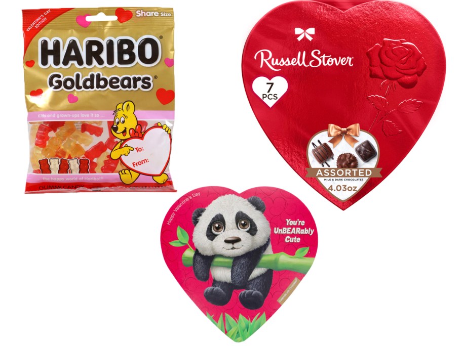 haribo bears, and two heart boxes of chocolates