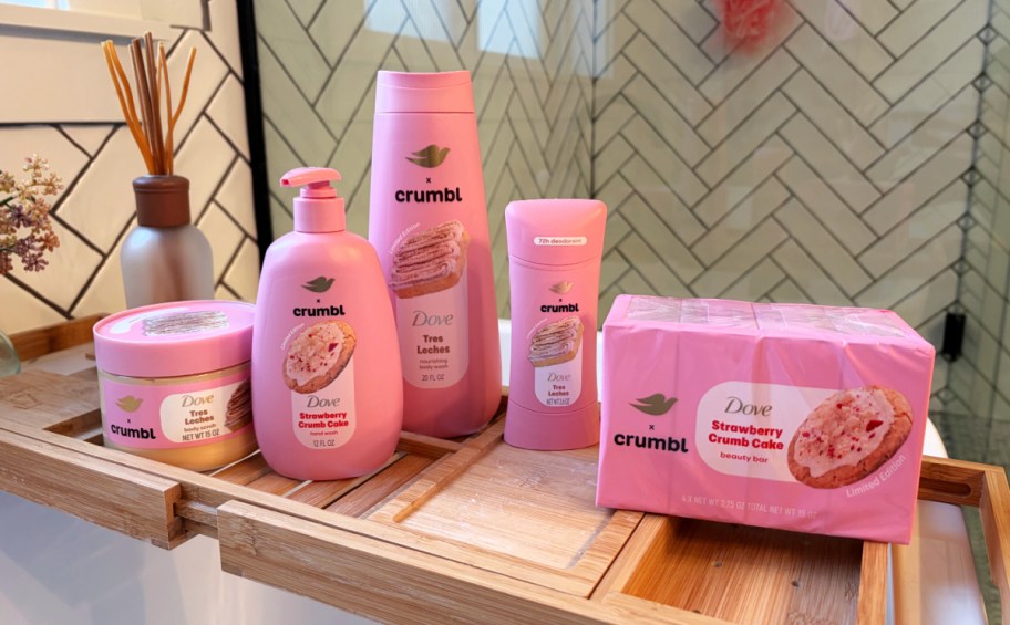 dove crumbl products displayed on a bathroom counter