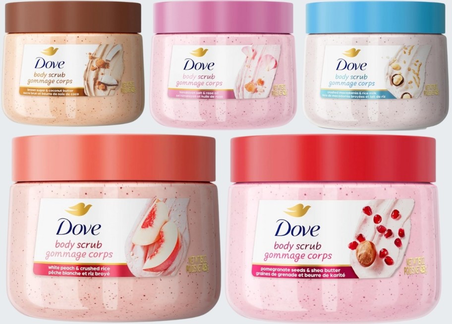 5 dove body scrubs in 5 different scents