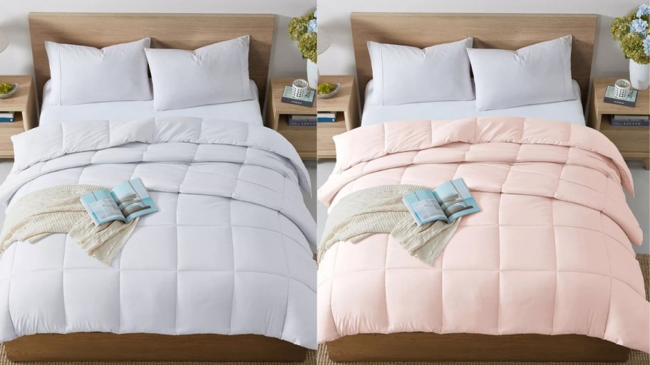 white and pink down alternative comforters on beds
