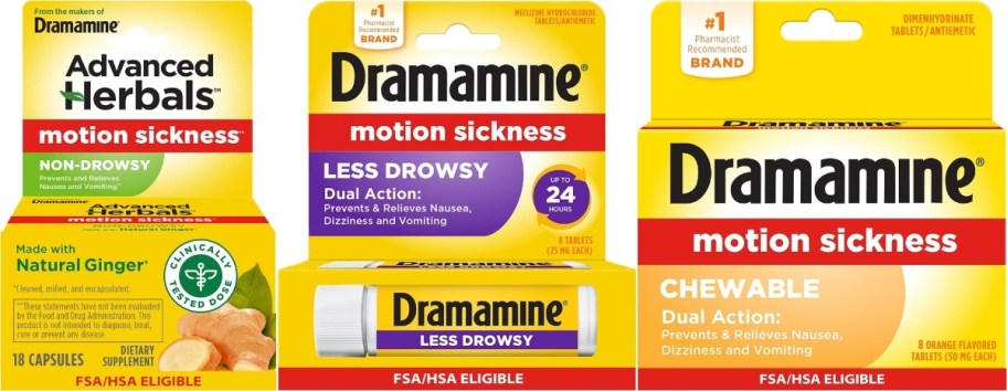 3 different varieties of Dramamine including herbal and less drowsy