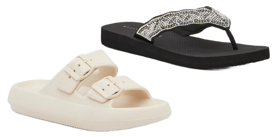 white cloud double strap sandal and black rhinestone flip flop
