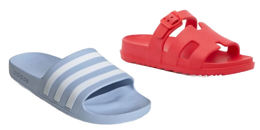 blue adidas slides and red sandal slides