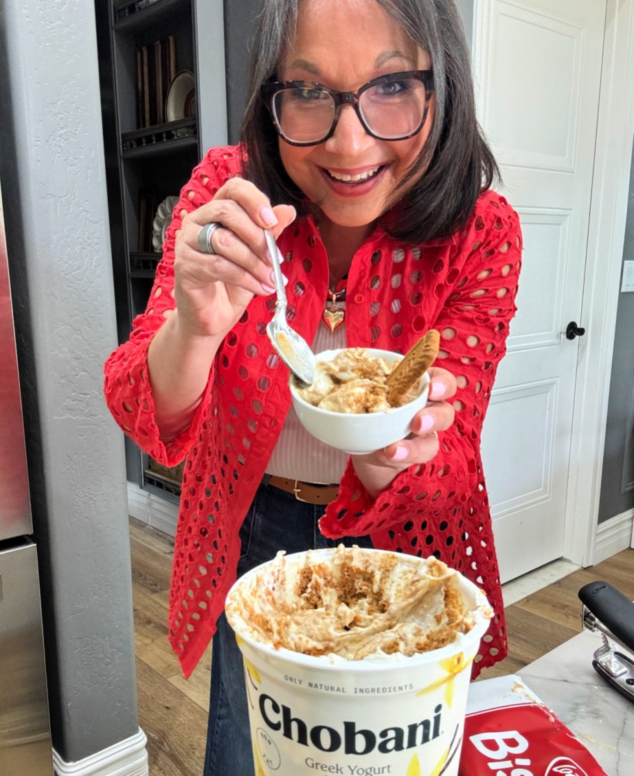 eating a bowl of greek yogurt cheesecake