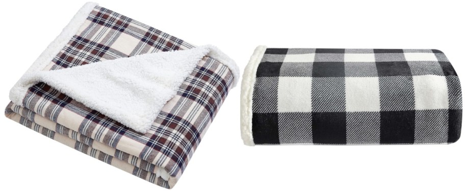 Two folded plaid blankets; one with red and cream checks and white fleece lining, the other with black and white checks.