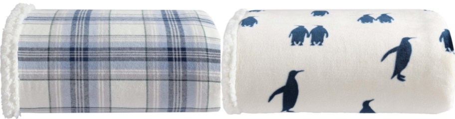 Two rolled-up fleece blankets are shown. The left blanket has a blue and white plaid pattern, while the right features blue penguins on a cream background.