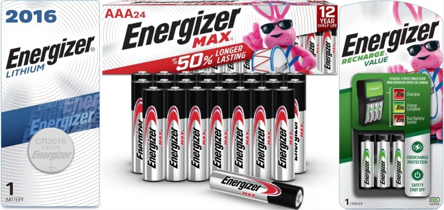 3 types of energizer batteries with one type including a charger