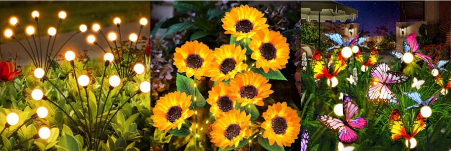 Three styles of outdoor fairy lights. One with white bulbs, one with sunflowers and one with butterflies.