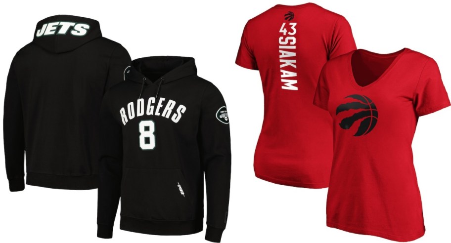 Black Jets hoodie with "Rodgers 8," and a red Raptors shirt with "Siakam 43" on the back. Bold sporty design with team logos.