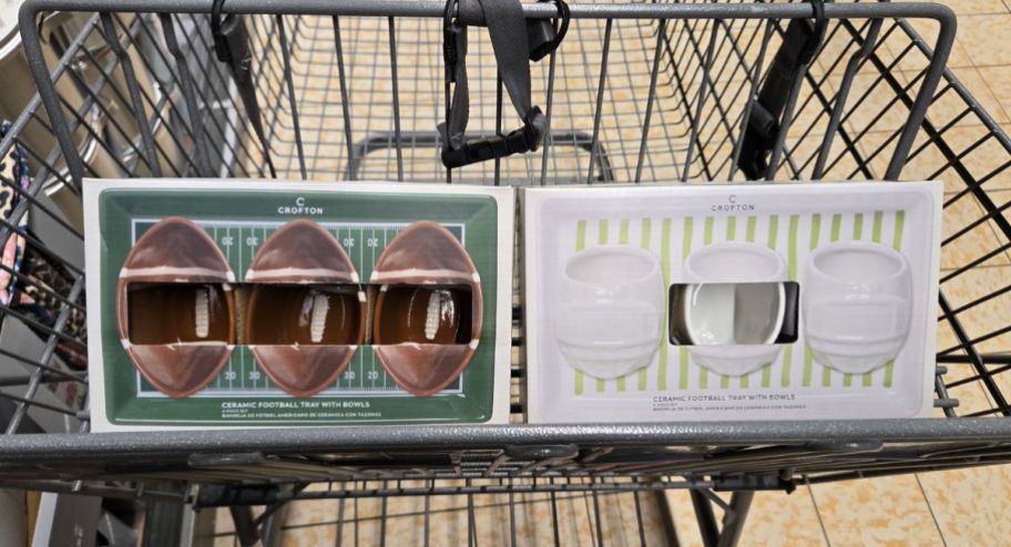 football-plates on displayed inside of a shopping cart