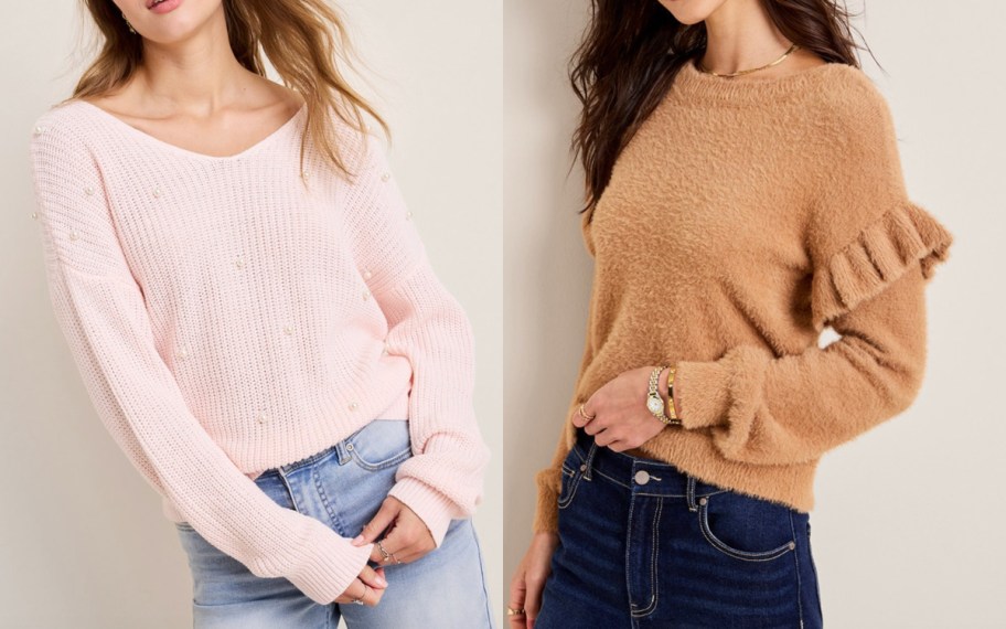 women in pink and tan sweaters