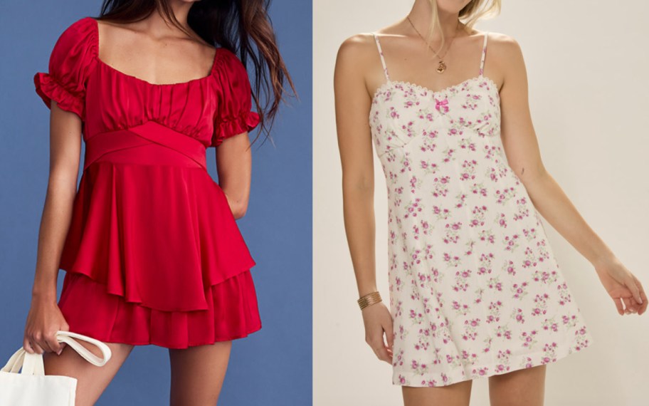 women in red and floral dresses