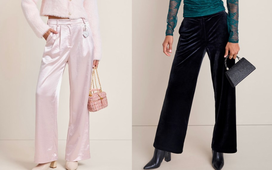 women in stain pink and blue velvet pants