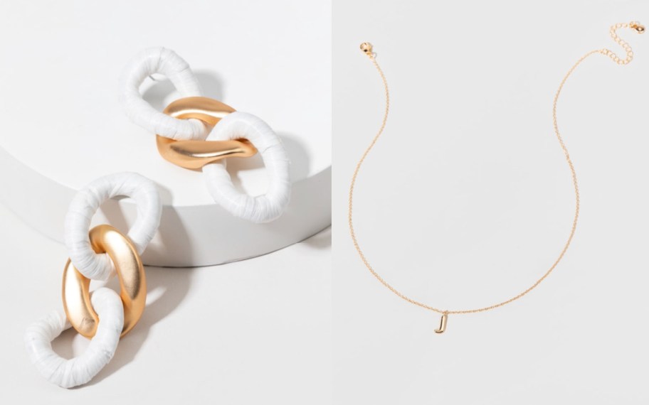 gold and white chain earrings and J letter neckalce