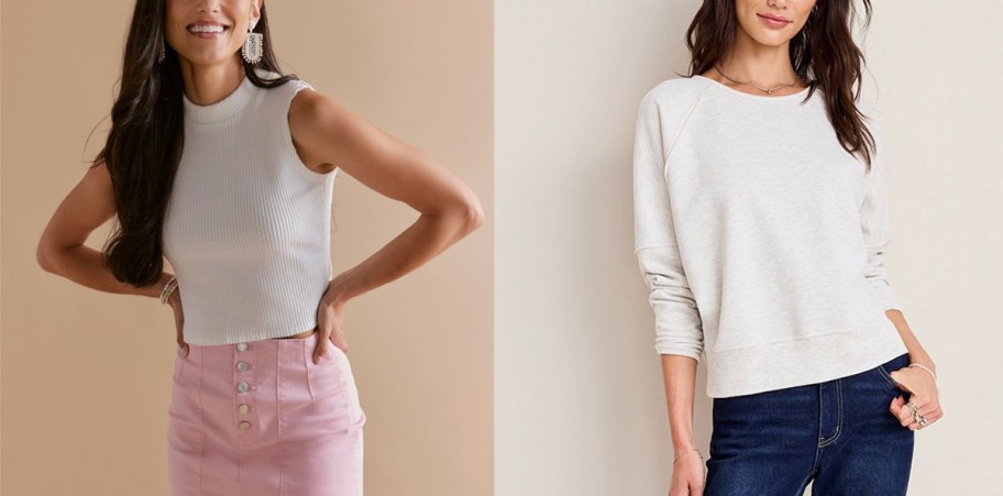 women wearing white tank and sweater