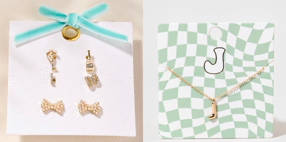 gold earrings set and gold initial necklace 