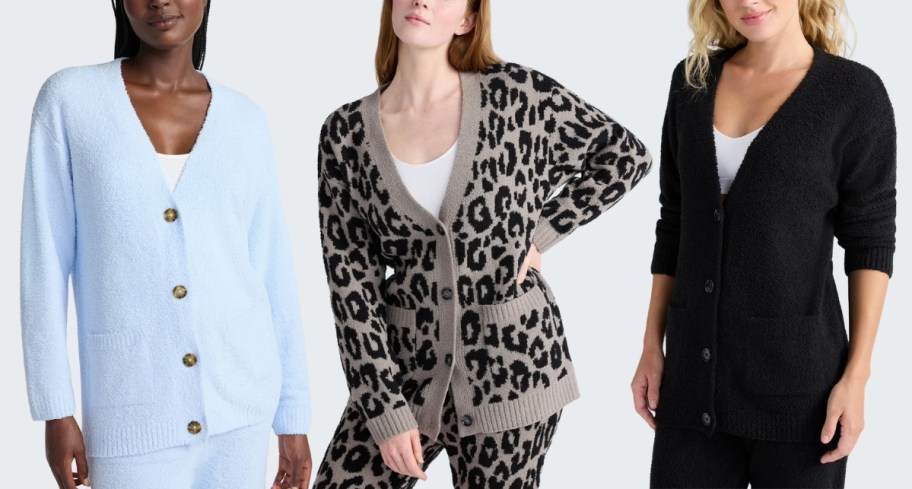 three women wearing cardigan sweaters