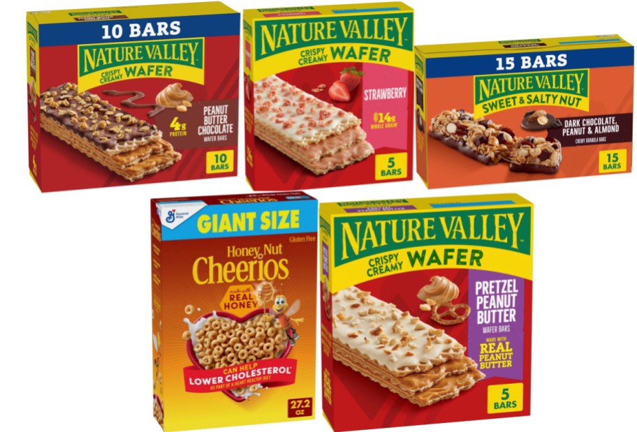 Five boxes of various General Mills snack bars and a box of Cheerios.