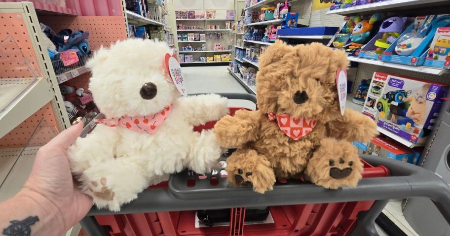 two gigglescape stuffed bears on cart in store
