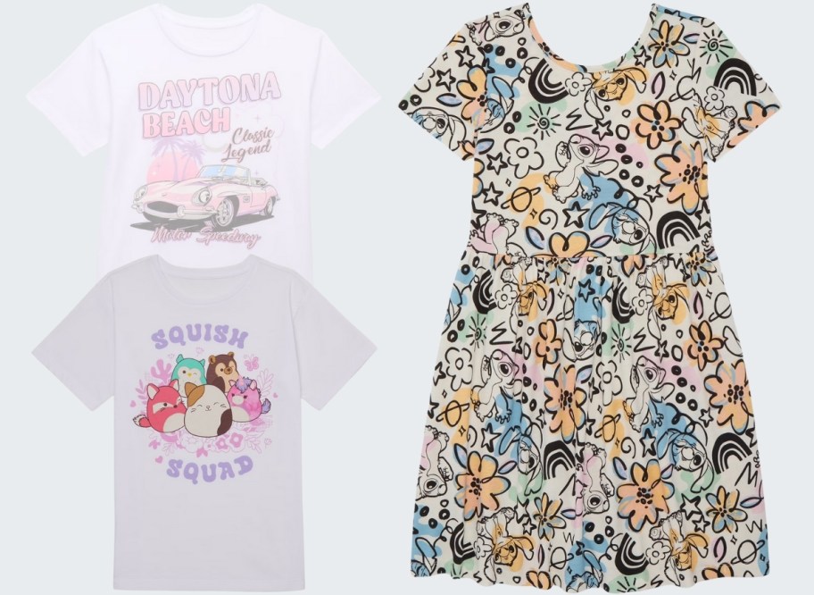 two girls graphic tees and a skater dress