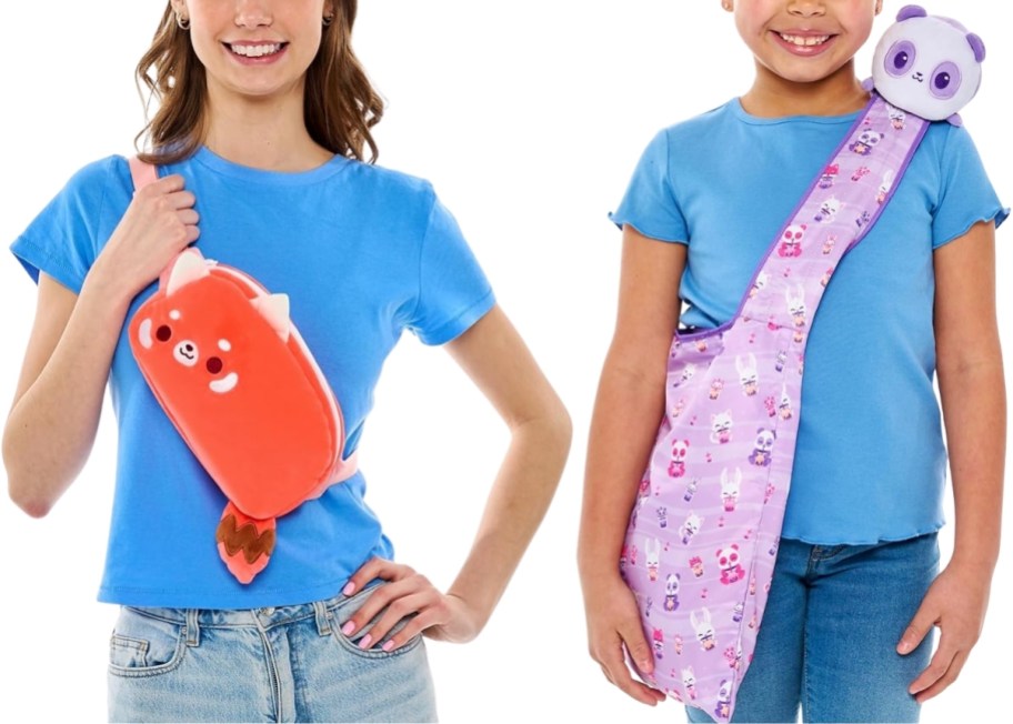 a girl with a crossbody bag and one with a tote bag