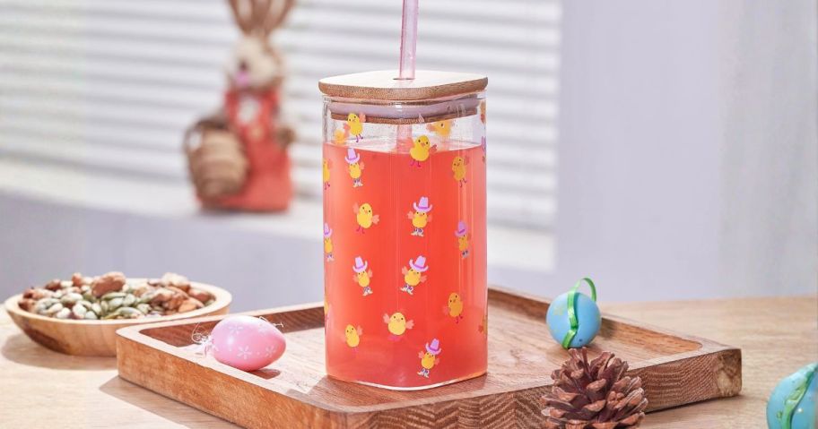 easter square glass sipper with chicks on it on tray