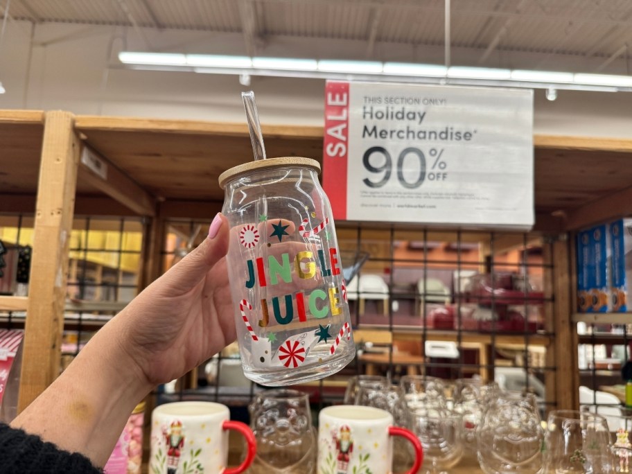 holiday themed glass tumbler with straw