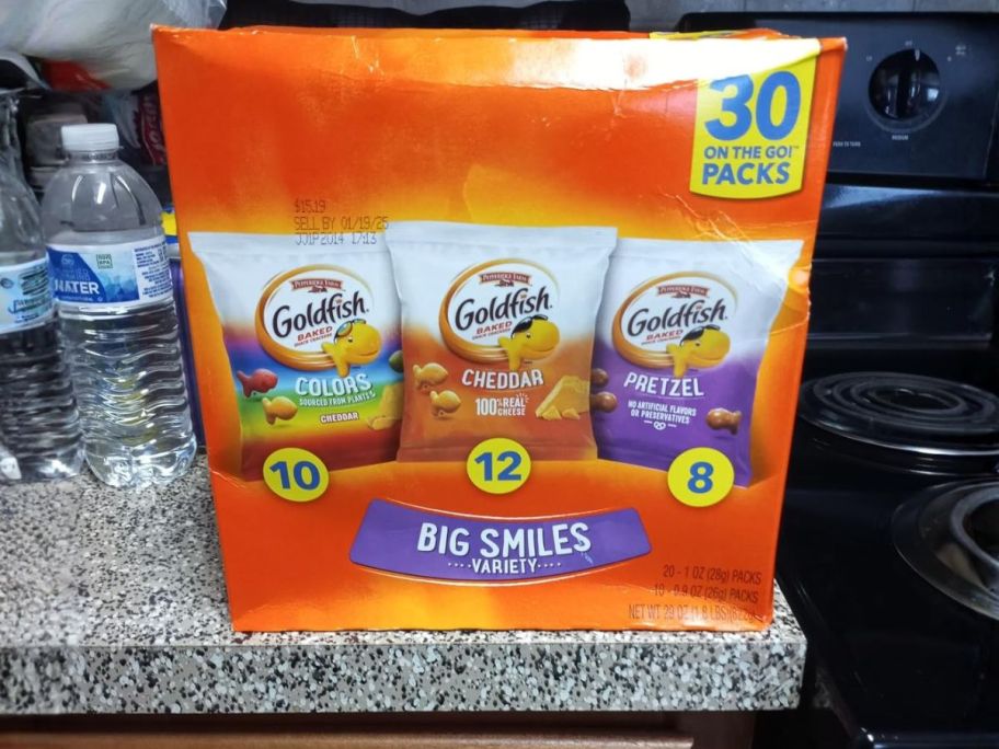 Goldfish Crackers Big Smiles Variety Pack 30-Count box on counter in kitchen