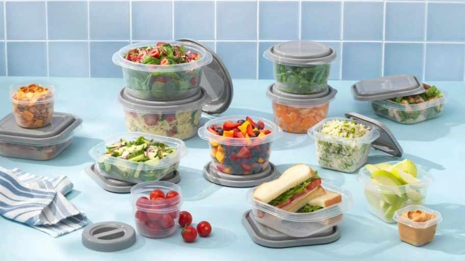 various sized food storage containers on a countertop filled with various foods
