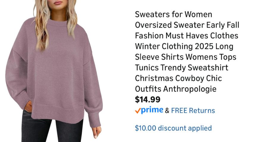 woman wearing purple sweater next to Amazon pricing information