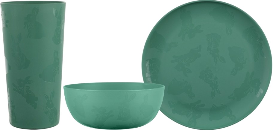 green tumbler cereal bowl and plate