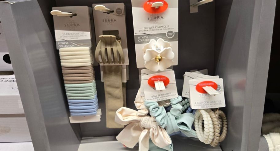 display of hair accessories showcased on the wall of the store