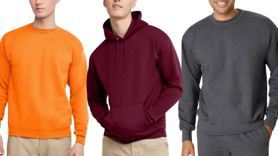 3 men in 3 different style of sweatshirt