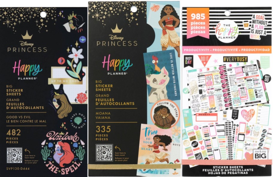 Three various Happy Planner sticker packs.