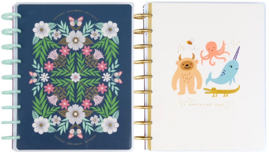 Two Happy Planners. One has a floral design and the other has cute cartoon characters.