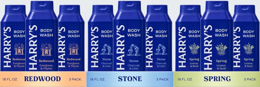 three 3-packs of harrys body wash in 3 different scents