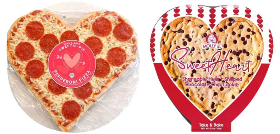 a heart-shaped pizza and cookie