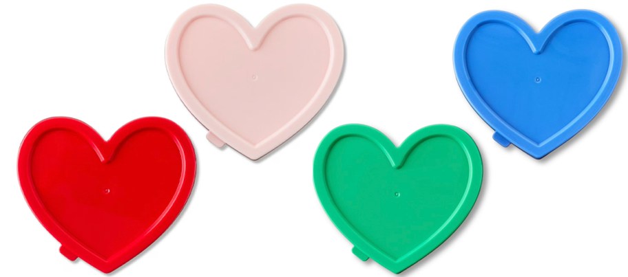 pink, red, blue and green heart snack containers 