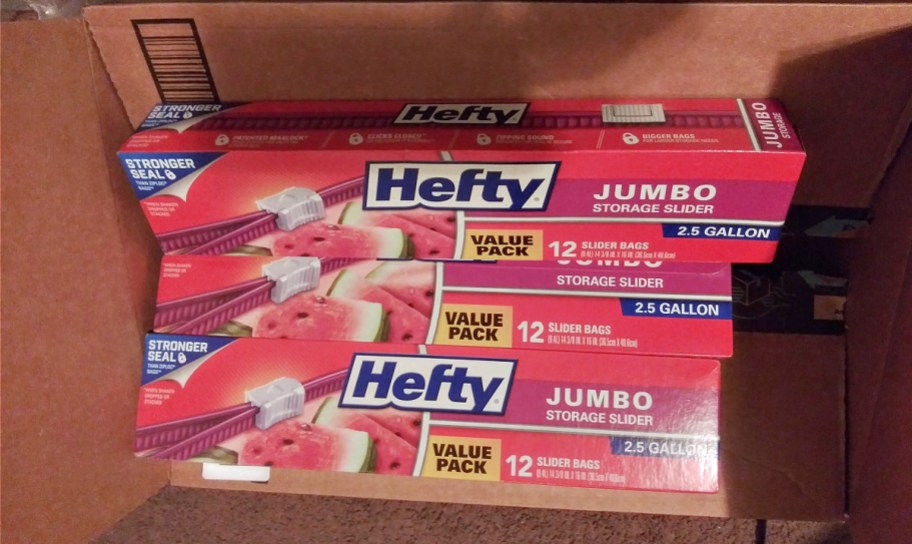 A box full of Hefty jumbo slider bag boxes.