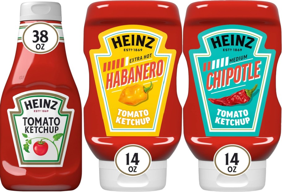 Three bottles of Heinz ketchup. One is regular, one is habanero and one is chipotle.
