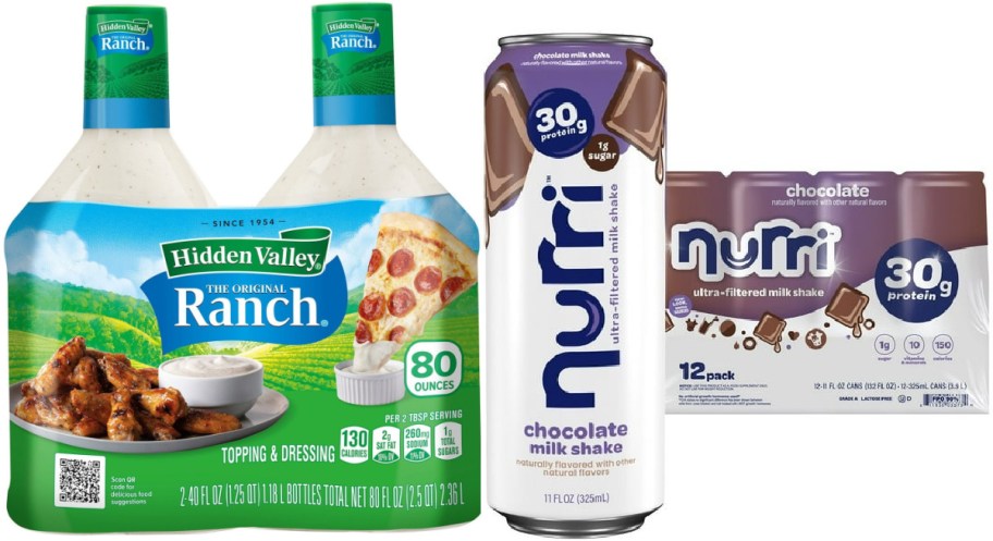 A 2-pack of Hidden Valley ranch and a pack of Nurri protein drinks.