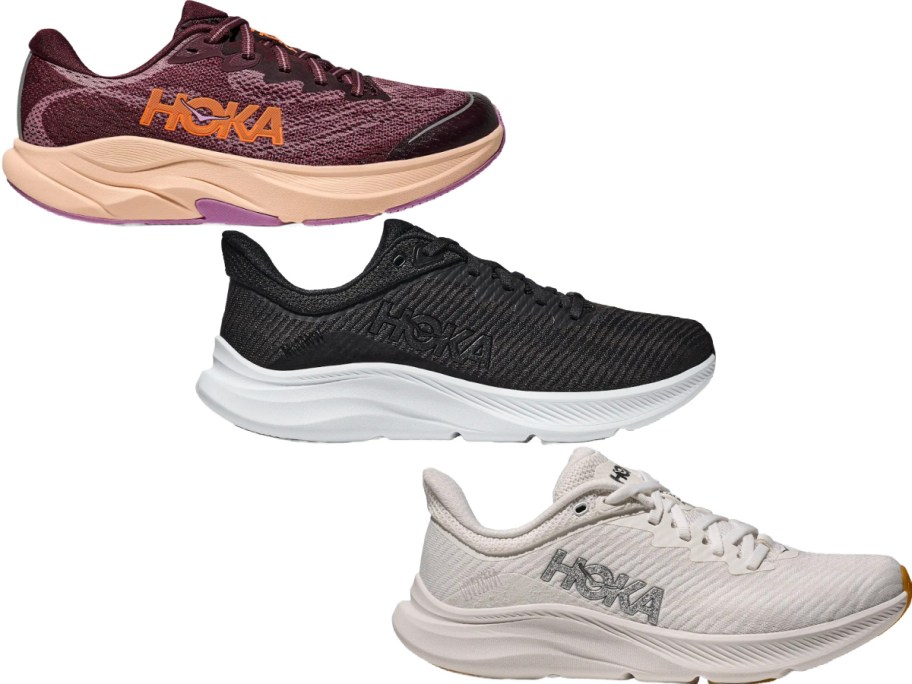 Three athletic shoes in different colors are displayed against a white background: maroon with a beige sole, black with a white sole, and white with a beige sole.