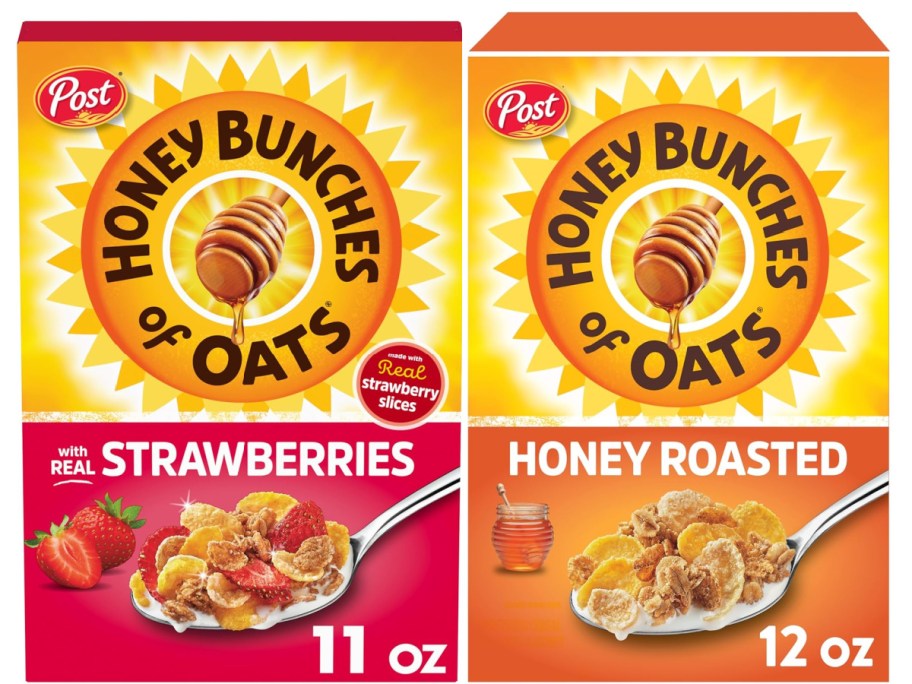 Two boxes of Honey Bunches of Oats ceral. One is strawberry and the other is honey roasted.