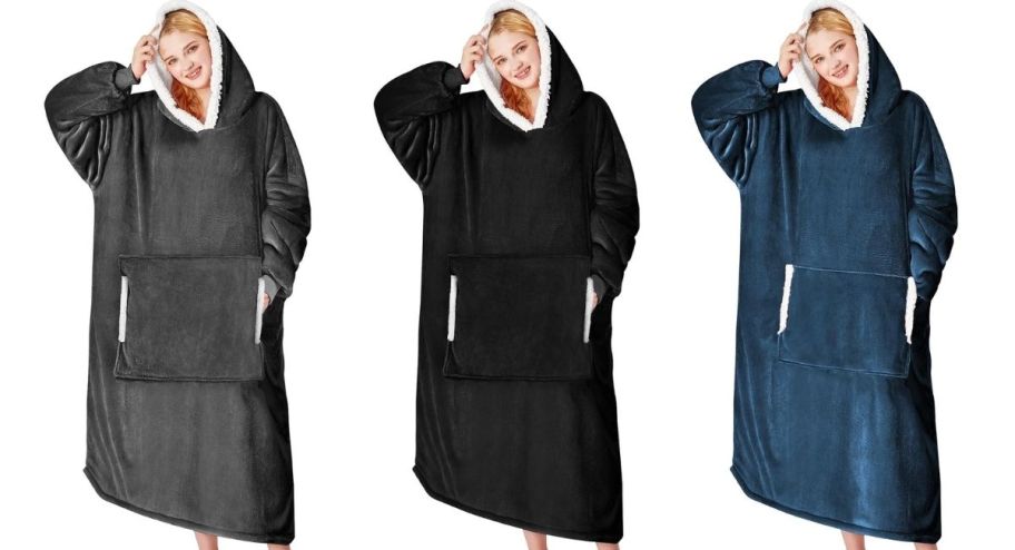 stock image of three different hoodie blankets in different colors