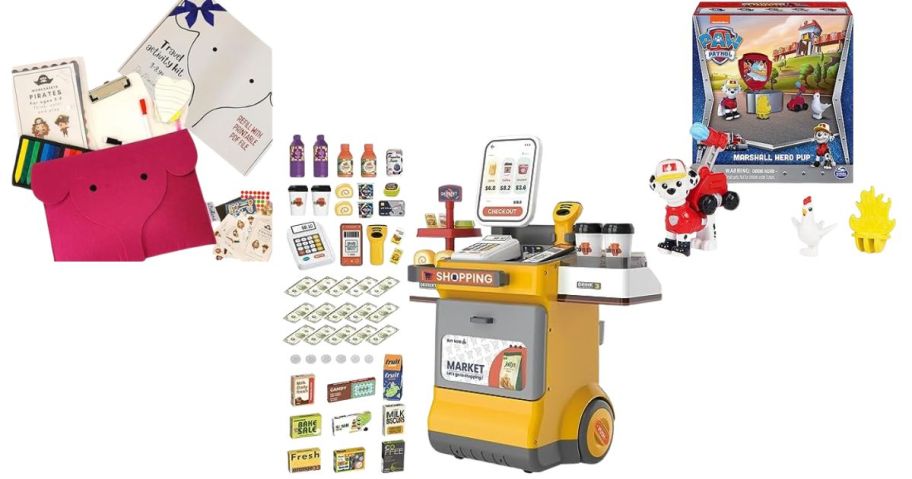 travel activity kit, cash register playset, and paw patrol toy