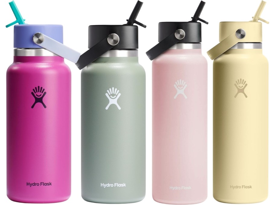 four hydroflask straw bottles in 4 different colors