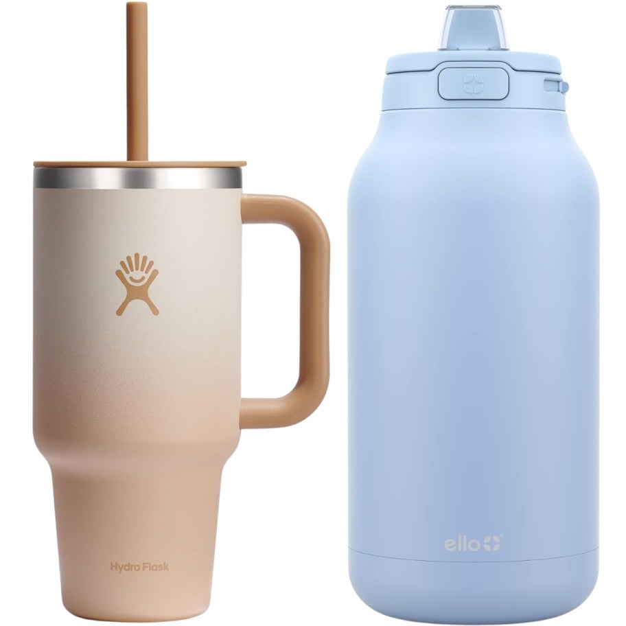 a hydro flask tumbler and ello water jug