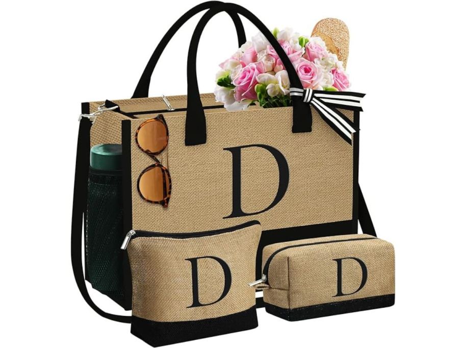 YOOLIFE Initial Canvas Tote & 2 Makeup Bags