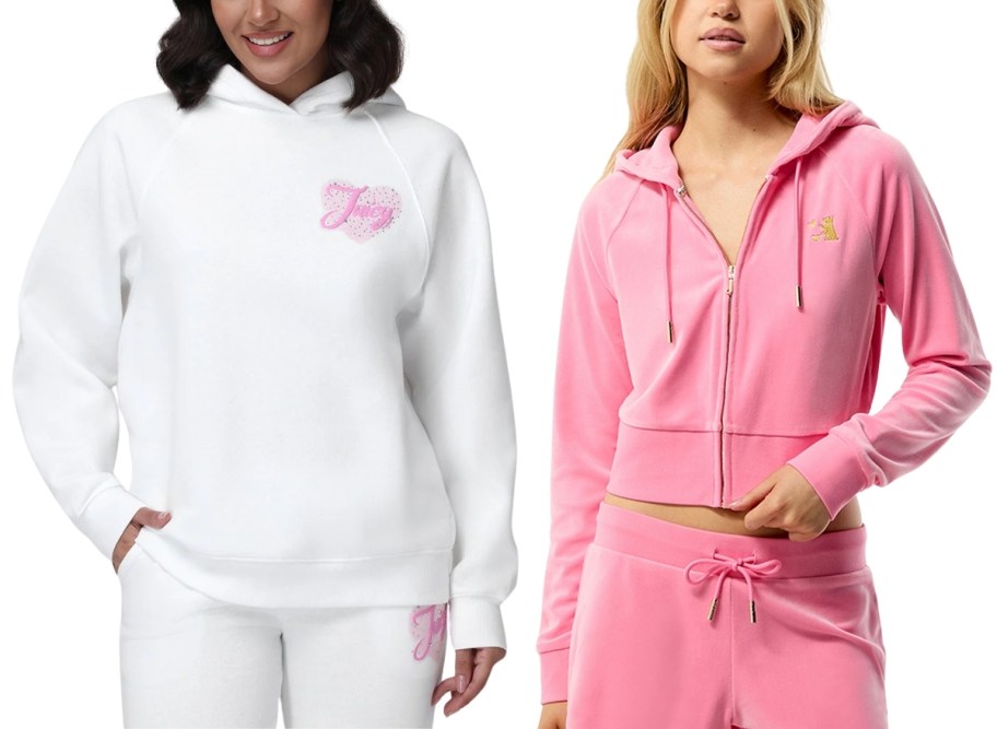 a woman in a white hoodie and a woman in a cropped pink full zip hoodie