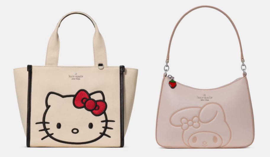 white tote bag with cat on front, pink shoulder bag with bunny